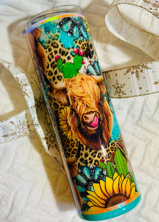 4)30 oz Highland cow turquoise Tumbler