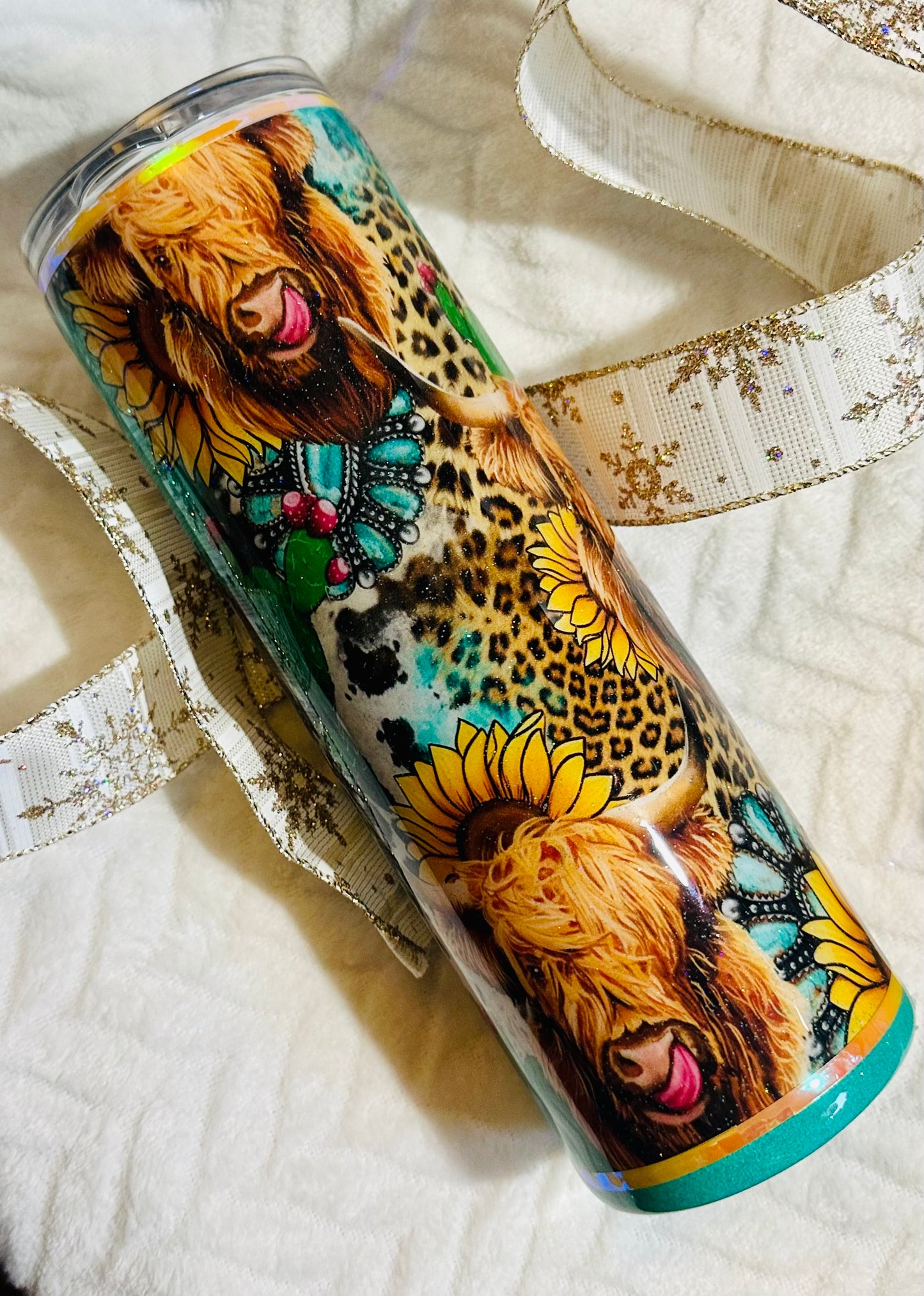 4)30 oz Highland cow turquoise Tumbler